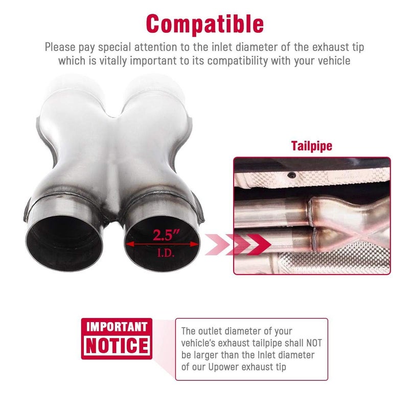 Upower Exhaust X-pipe 2.5" Universal Crossover X Pipe Dual 2.5 In/Out Exhaust Tip 12" Long Polished Stainless Steel Stamped Pipe - Image 2